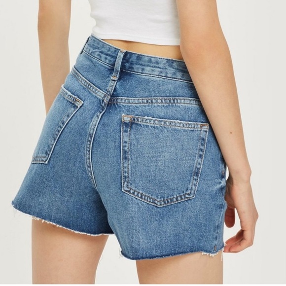 Topshop Ashley Ripped Boyfriend Button Up High Waisted Blue Shorts Holes Raw Hem - Picture 2 of 15